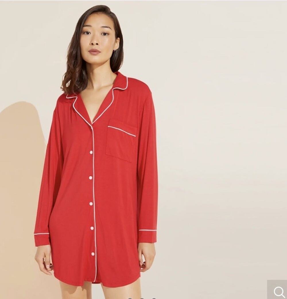 EBERJEY Gisele Sleepshirt Modal Nightshirt Button Down Red White Medium Comfy